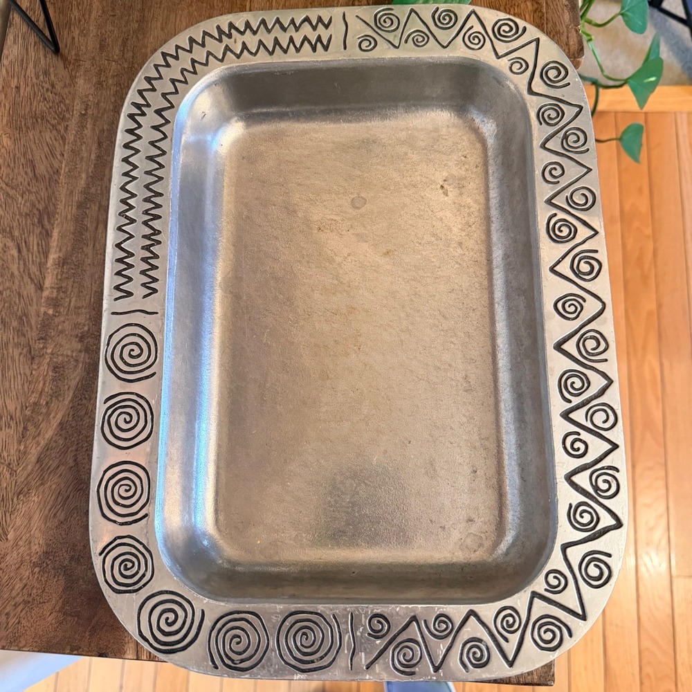 Wilton Armetale Pewter Serving Tray Large Silver Tribal Spiral Geometric Platter